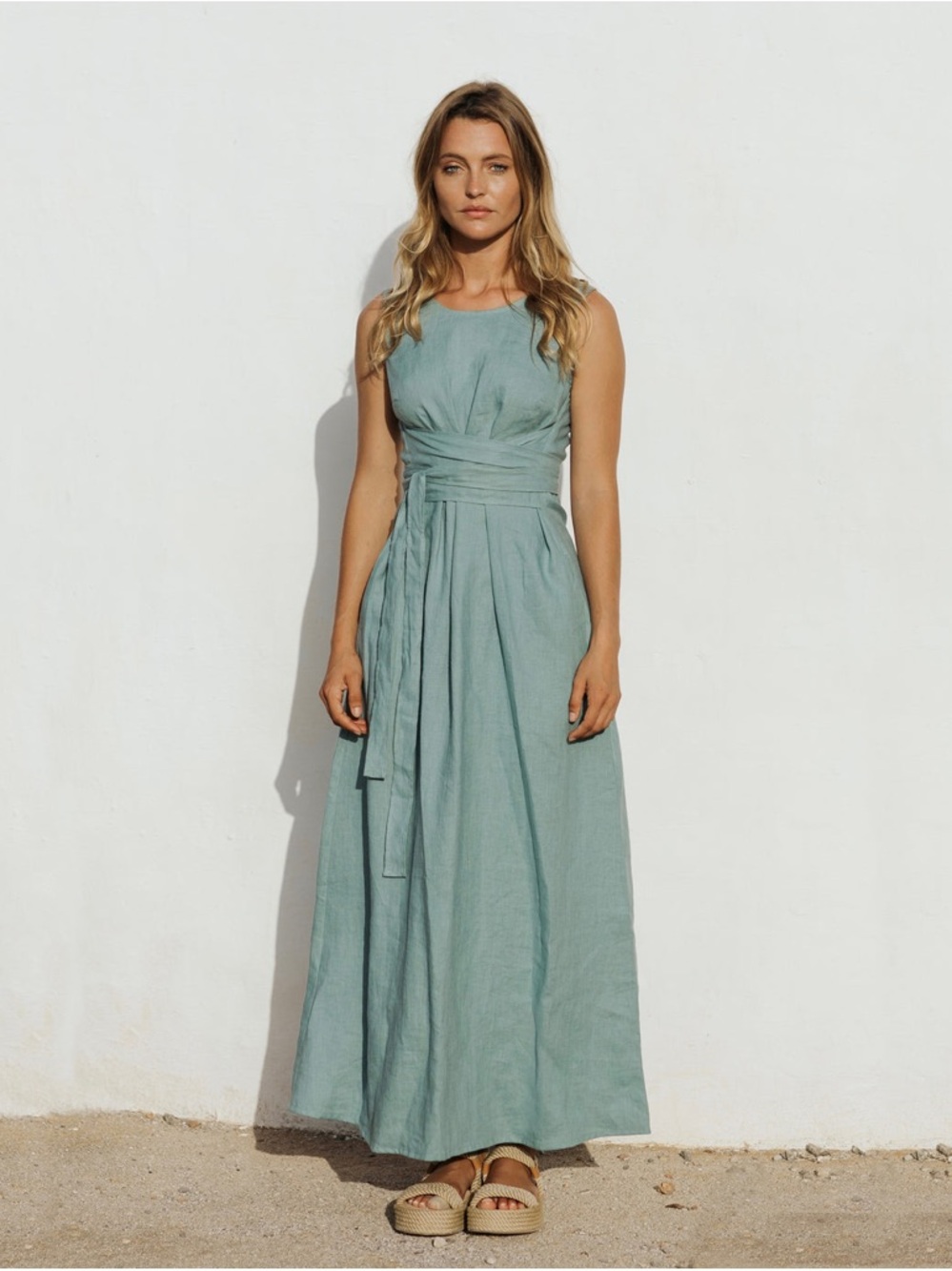 MagicLinen BORACAY Teal Blue Linen Maxi Dress 100% European Flax Pockets XS - Picture 4 of 16
